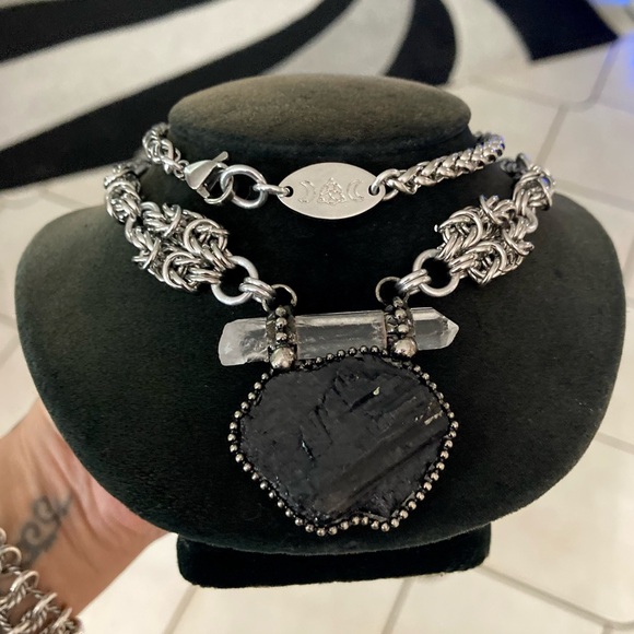 Natural black tourmaline & clear crystal quartz charm boho goth maille necklace - Picture 13 of 13